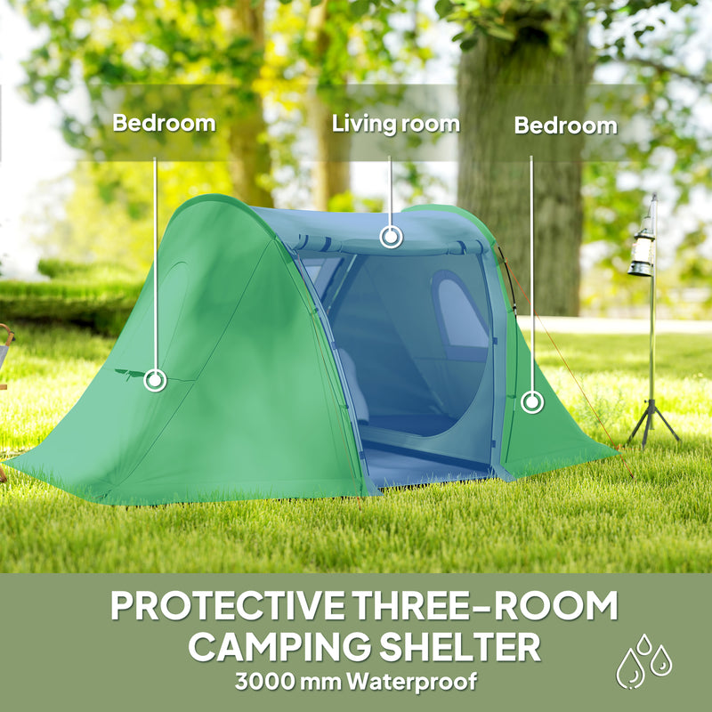 Family Camping Tent with Two Bedrooms and Living Area for 2–3 People Waterproof Green