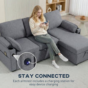 Corner Sofa Bed with Storage and USB Charging for Flexible Guest Sleeping Grey AOSOM