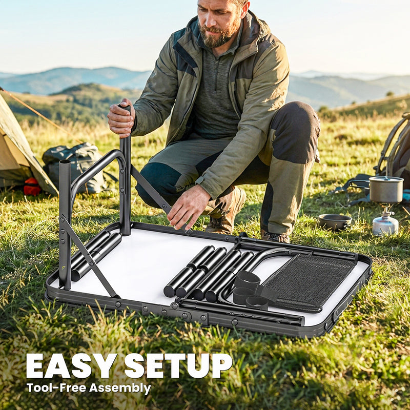 Folding Camping Table with Adjustable Height and Mesh Shelf for Picnics and BBQs Black
