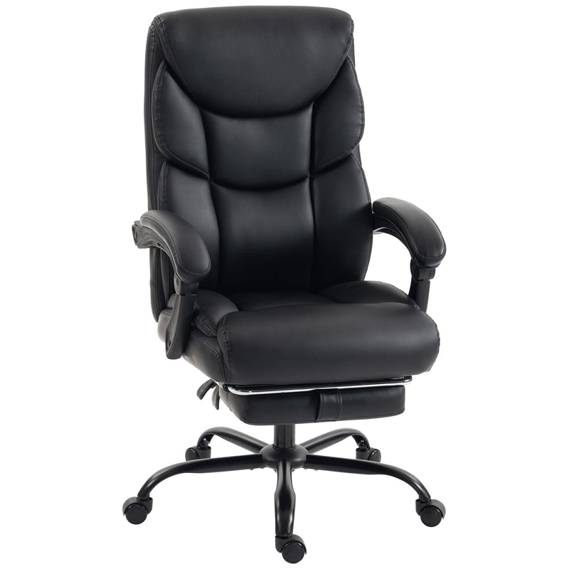 Black PU executive office chair with linked armrests and footrest on a white background