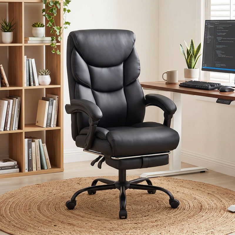 Black executive office chair at a home office desk in front of a bookshelf