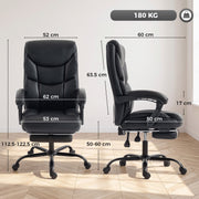 Dimensions diagram of the black office chair showing 112.5-122.5 cm height, seat 53 x 50 cm and 180 kg capacity