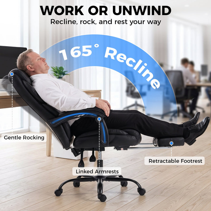Man reclining in the black office chair at 165 degrees with the retractable footrest extended