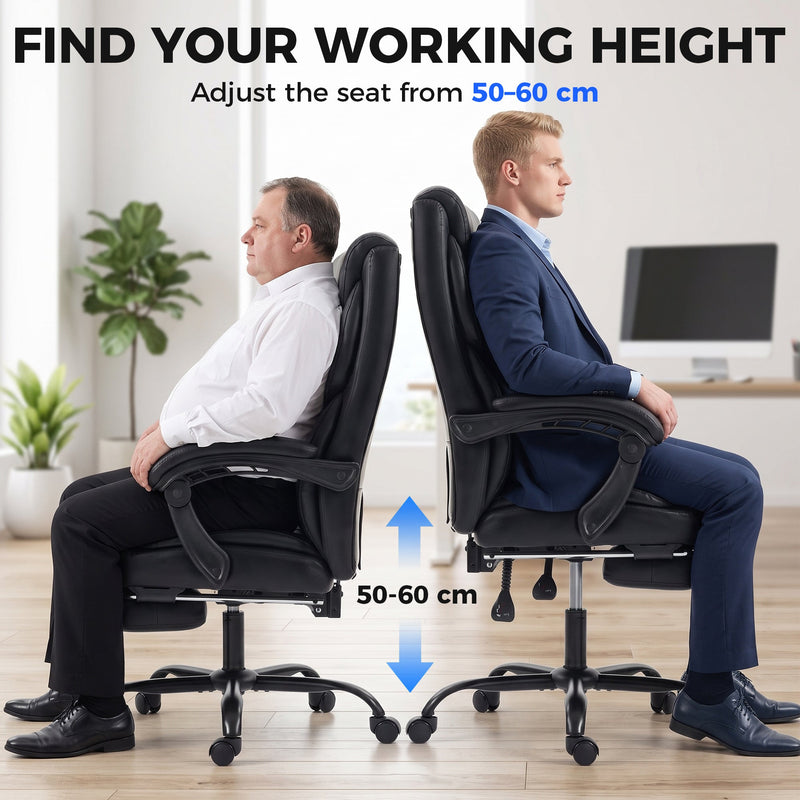 Two users at different seat heights showing the 50-60 cm height adjustment of the black office chair