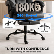 Chair base graphic showing 180 kg capacity, 360 degree swivel, Class 4 gas lift and steel base