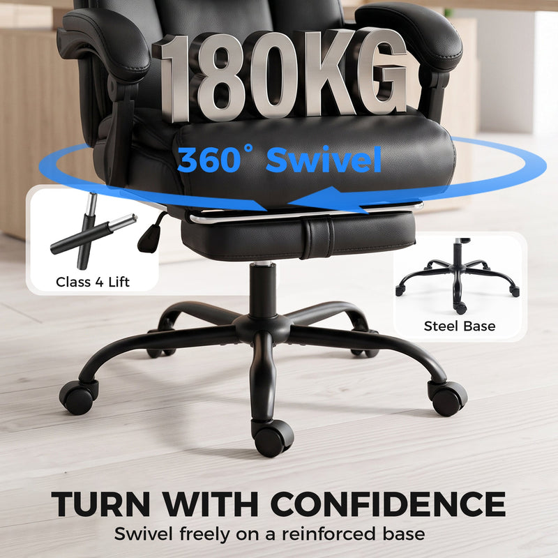 Chair base graphic showing 180 kg capacity, 360 degree swivel, Class 4 gas lift and steel base