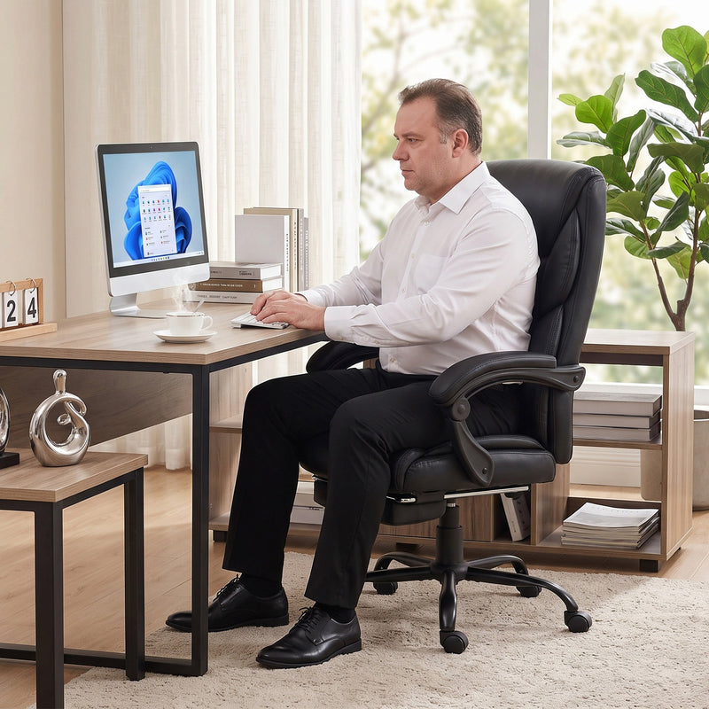 Man in a white shirt working at a desk in the black executive office chair