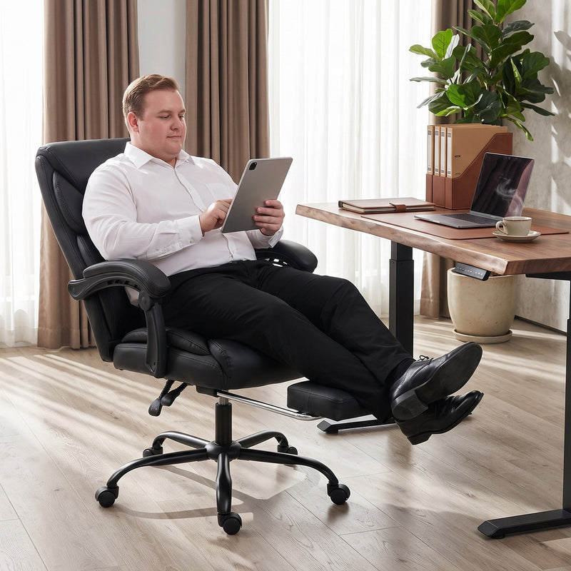 Man reclining with a tablet in the black office chair with the footrest extended