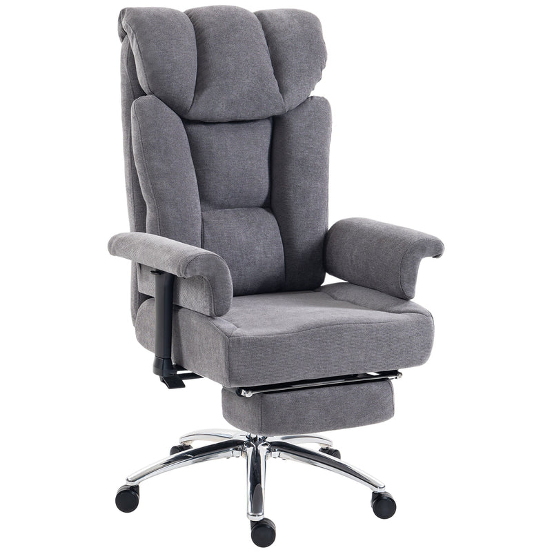 Dark grey big and tall massage office chair with pull-out footrest on a chrome base