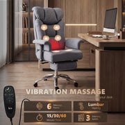 Massage chair graphic with 6 vibration points, lumbar heat, timer options and remote control
