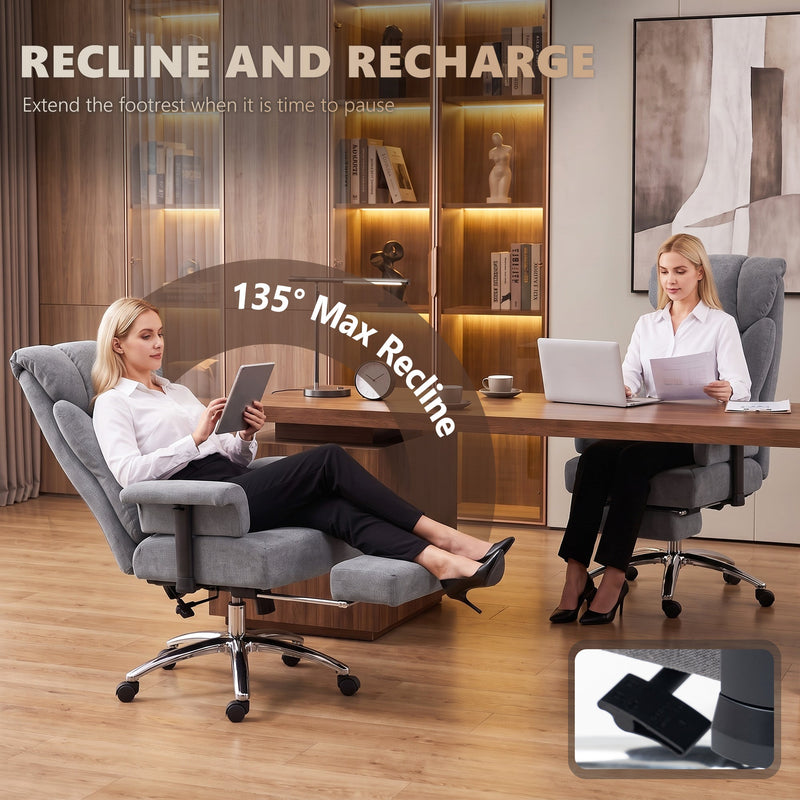 Woman reclining in the chair to 135 degrees with the footrest pulled out