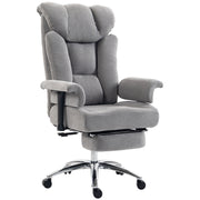 Grey linen-look big and tall massage office chair with padded armrests and pull-out footrest on a white background
