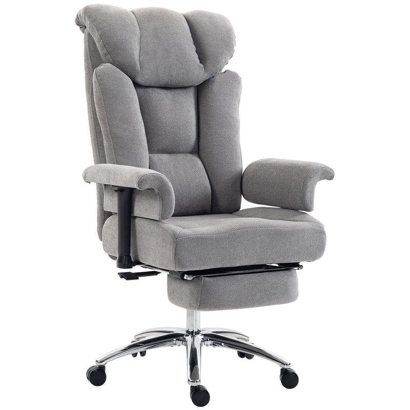 Grey linen-look big and tall massage office chair with padded armrests and pull-out footrest on a white background