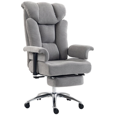 Grey linen-look big and tall massage office chair with padded armrests and pull-out footrest on a white background
