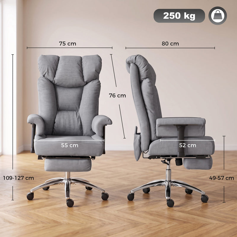 Dimensions diagram for the grey big and tall massage office chair showing width, depth, seat size and height range