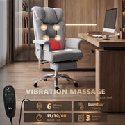 Grey massage office chair with vibration points highlighted, plus the remote and 6 points, lumbar heat, timer and 3 intensity labels