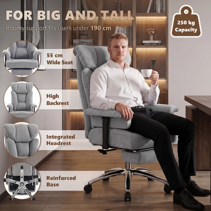 Man seated in the grey big and tall office chair with callouts for 250 kg capacity, wide seat, high backrest and reinforced base