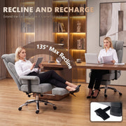 Woman reclining in the grey office chair with the footrest extended and a 135 degree max recline label