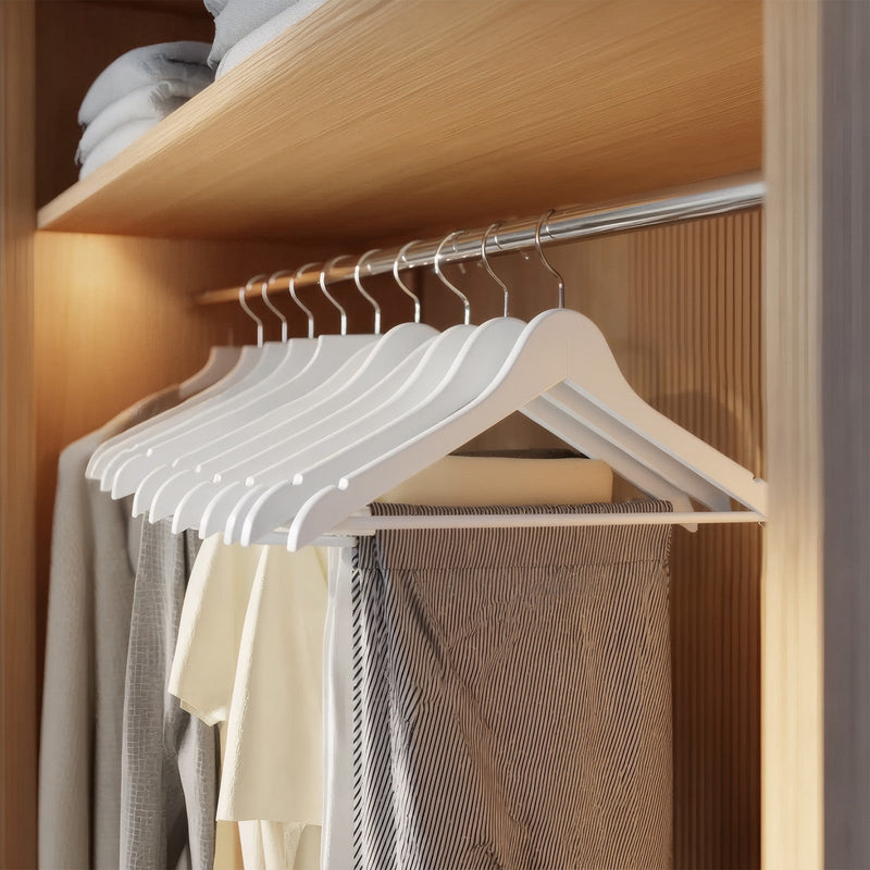 Birch wood coat hanger holding a strappy top on the shoulder notches