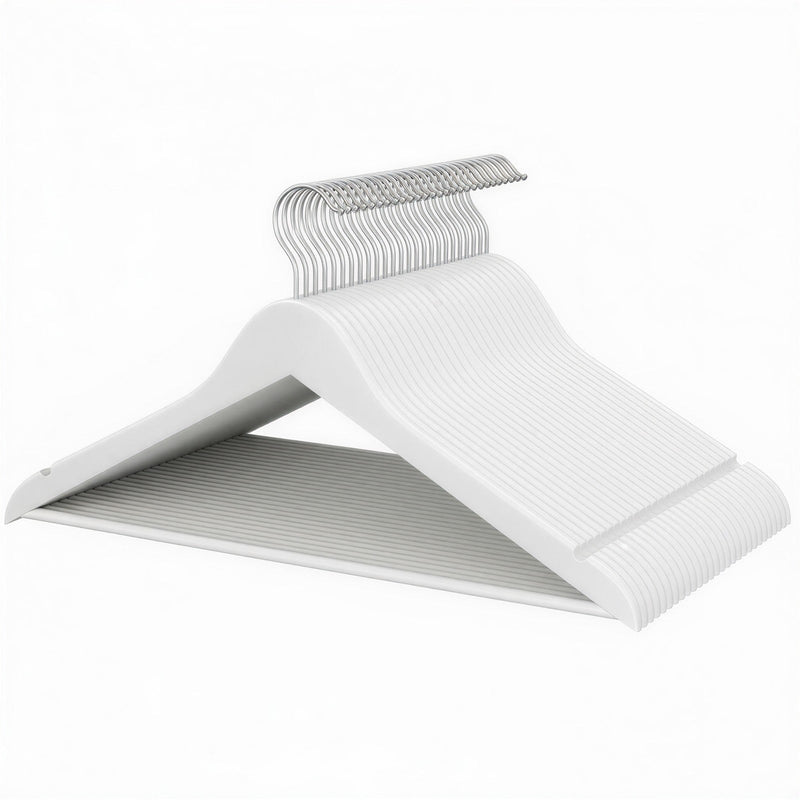 Set of 30 birch wood coat hangers in cloud white, stacked view