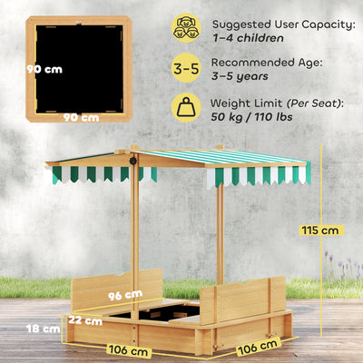 Wooden Kids Sandpit With Seating for Outdoor Garden Playtime Fun Square Design Natural Outsunny
