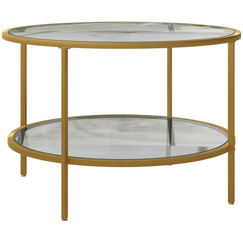 Gold Round Glass Coffee Table with Storage and Steel Frame for Modern Living Room Decor
