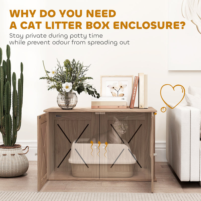 Walnut Brown Cat Litter Box Enclosure with Double Doors and Side Entrance by PawHut