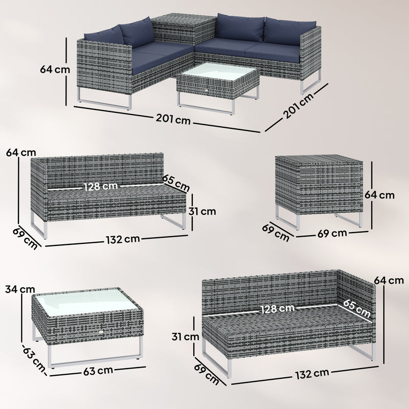 4 Seater Rattan Garden Furniture Set with Storage Box and Coffee Table, Mixed Grey Outsunny