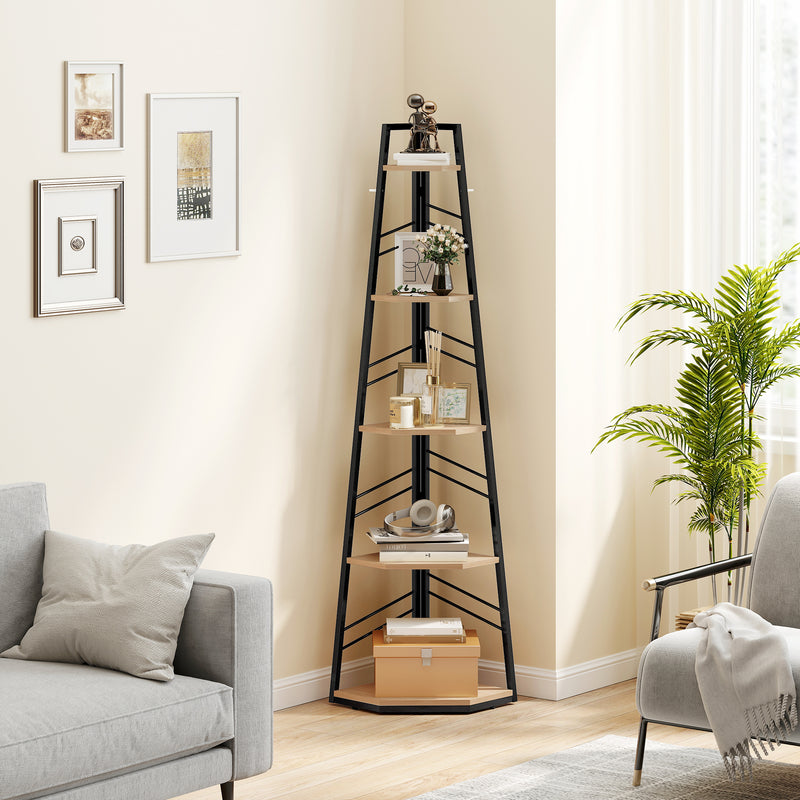 Corner Bookcase with Five Shelves for Space Saving Storage Natural Wood and Black AOSOM