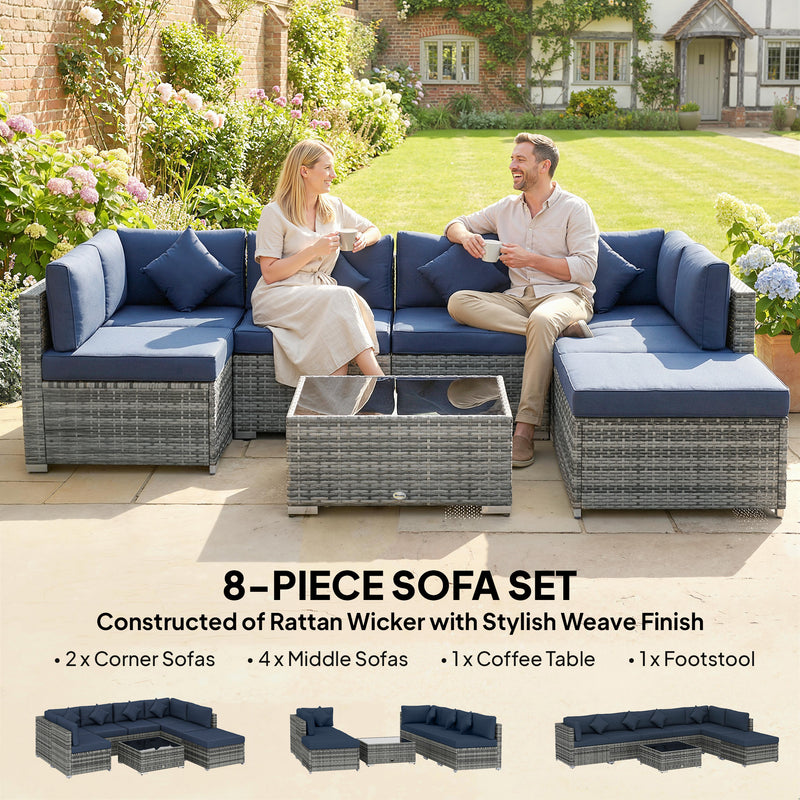 Rattan Garden Corner Sofa Set with Flexible Seating and Table for Outdoor Relaxtion, Grey & Blue