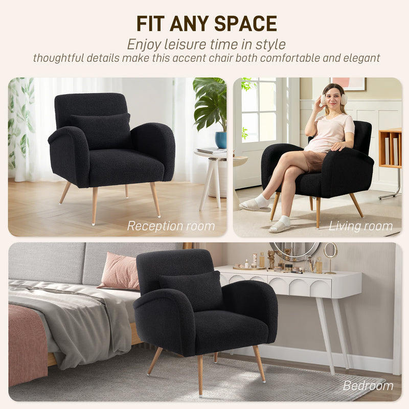 Black Teddy Fleece Accent Chair With Supportive Backrest For Lounge Or Bedroom