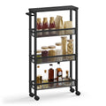 Black 4-tier slim rolling trolley holding jars, bottles and spices in 3 mesh baskets