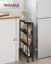 Slim trolley beside a fridge next to a kitchen counter, 77 cm high and 13 cm deep