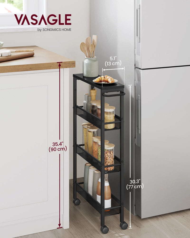 Slim trolley beside a fridge next to a kitchen counter, 77 cm high and 13 cm deep