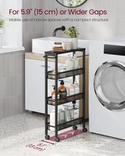 Slim trolley holding toiletries in a bathroom gap beside a washing machine