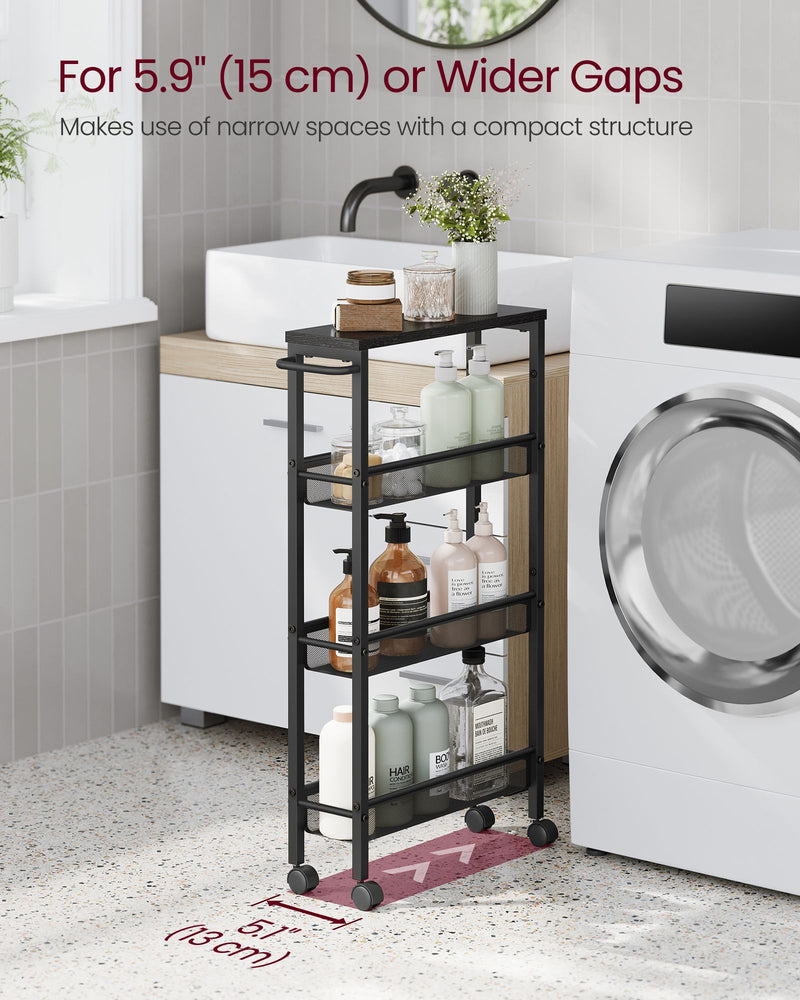 Slim trolley holding toiletries in a bathroom gap beside a washing machine