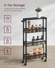 4-tier trolley with 1 top shelf and 3 mesh baskets holding spices and jars