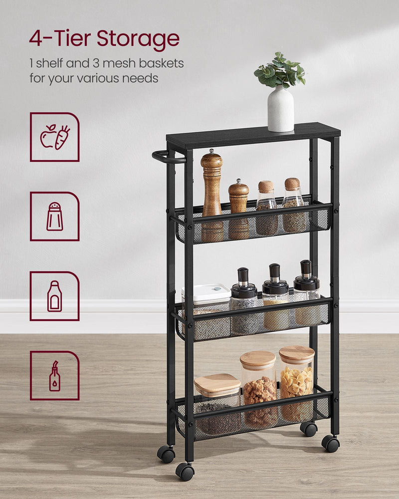 4-tier trolley with 1 top shelf and 3 mesh baskets holding spices and jars