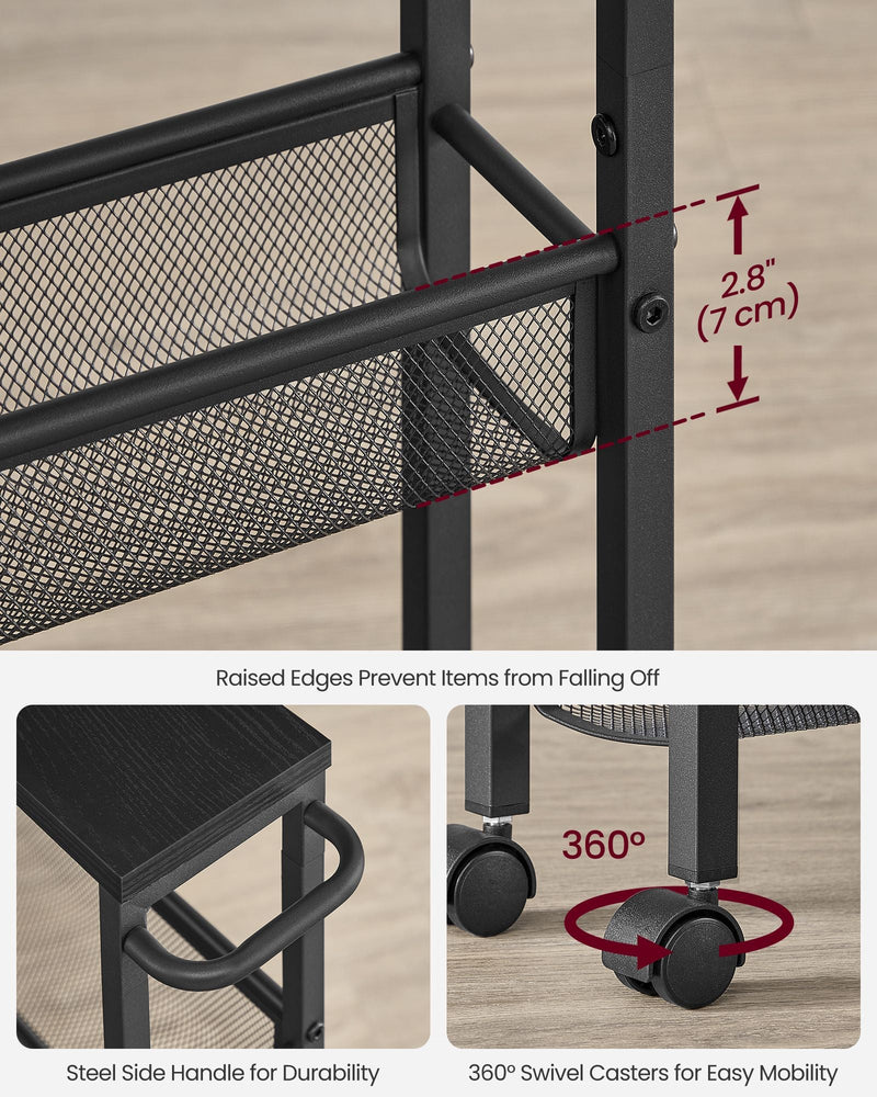 Close-ups of the raised mesh basket edge, steel side handle and 360 degree swivel caster