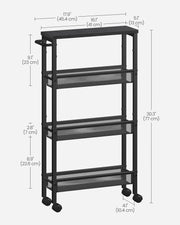 Dimensions diagram of the slim trolley showing 41 cm wide, 13 cm deep and 77 cm high