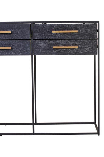 Close-up of a slender gold-finish drawer handle on the black oak veneer drawer front