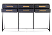Front view of the 160cm black 6-drawer console table with slim gold handles and black iron base