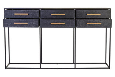 Front view of the 160cm black 6-drawer console table with slim gold handles and black iron base