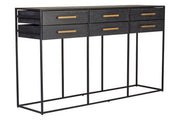 Angled studio view of the black oak-veneer console table showing all six drawers