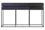 Studio view of the black console table with a drawer pulled open to show storage depth