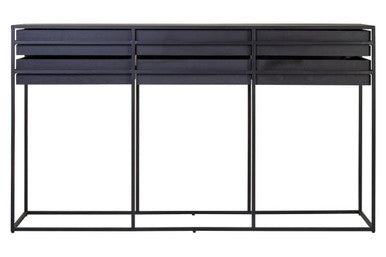 Studio view of the black console table with a drawer pulled open to show storage depth