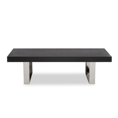 Rectangular black ash elm coffee table with silver stainless steel legs on a plain background