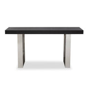Black ash elm console table with U-shaped silver steel base on a plain background