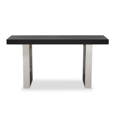 Black ash elm console table with U-shaped silver steel base on a plain background