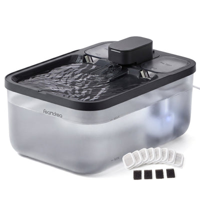 Black 4.5L cat water fountain with 8 filters and 4 sponges beside it on a white background